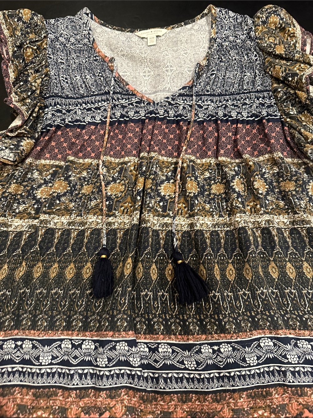 Lucky Brand Boho Navy Multi Printed V-Neck Tassel Tunic - Picture 4 of 7